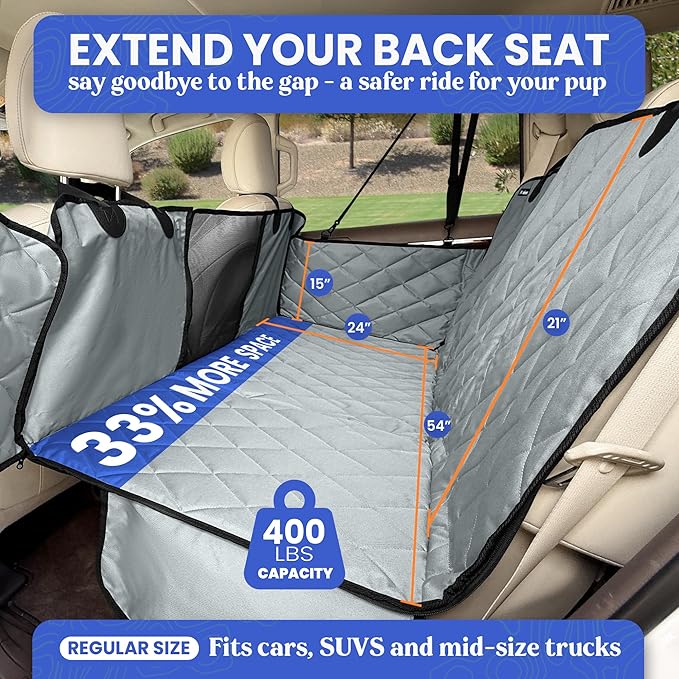 4Knines Back Seat Extender for Dogs, Hard Bottom Waterproof Backseat Protector with EZ Door Guard (Grey, Regular)