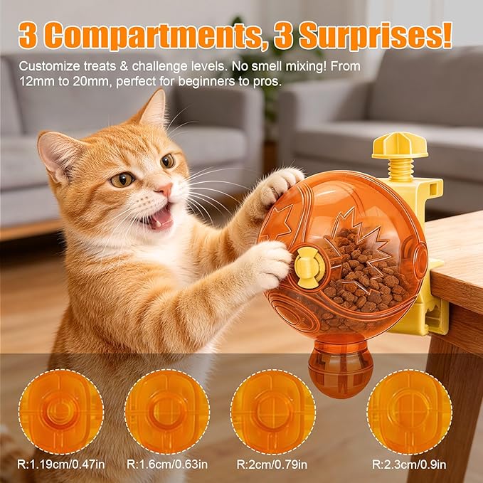 Cat Slow Feeder Puzzle Toy with Clamp Mount, Interactive Spinning Ball Treat Dispenser, Adjustable Feeding Openings for Dry Food, Enrichment Food Dispenser for Indoor/Outdoor, Cats/Small Dogs