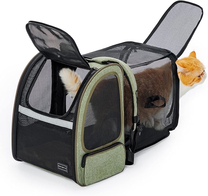Petsfit Expandable Pet Backpack Carrier for Cats & Small Dogs up to 18 lbs – Foldable Travel Backpack with Mesh Ventilation & Lockable Zippers for Hiking, Camping – Green