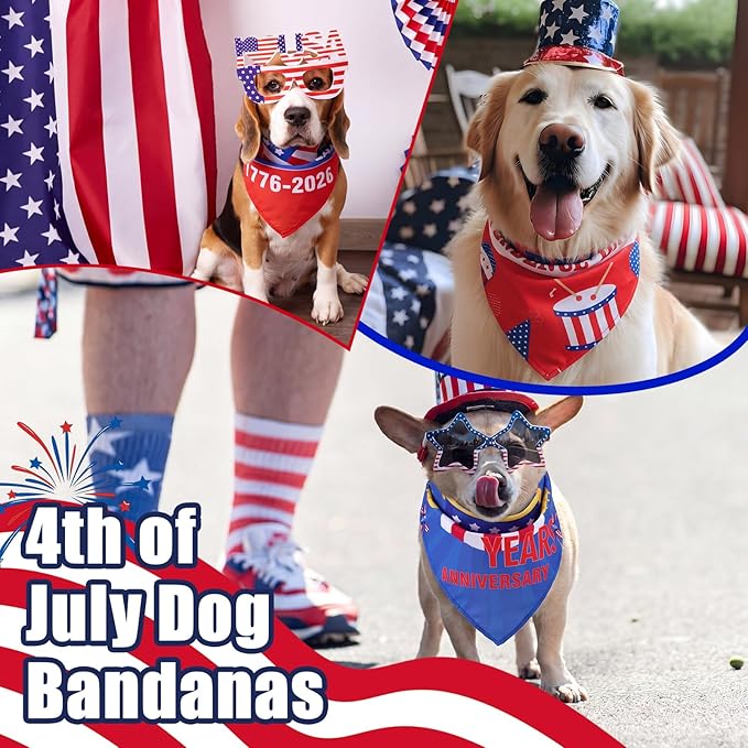 Huhumy 100 Pcs 4th of July Dog Bandanas 250th Anniversary Patriotic Pet Bandanas Bulk Independence Day Triangle Pet Bibs Scarf for Medium Large Dog 4th of July 250th Festival Decor