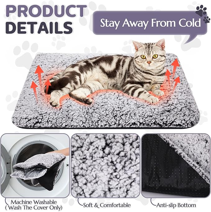 Self Warming Cat Bed Pad Self Heating Pet Mat Warmer Bed Mat for Feral and Indoor Washable Thermal Pet Kennel Pad with Anti-Slip Bottom (Gray,16 x 20 Inch)