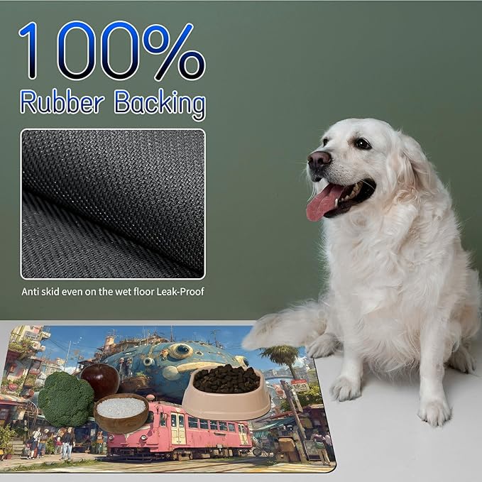 Dog Food Mat, 19.6" x 23.6" Absorbent Pet Feeding Mat for Food and Water, Waterproof Diatom Mud Pet Placemat with Non-Slip Rubber Backing, Easy Clean Cat Bowl Mat for Floors - Pink Train Fish