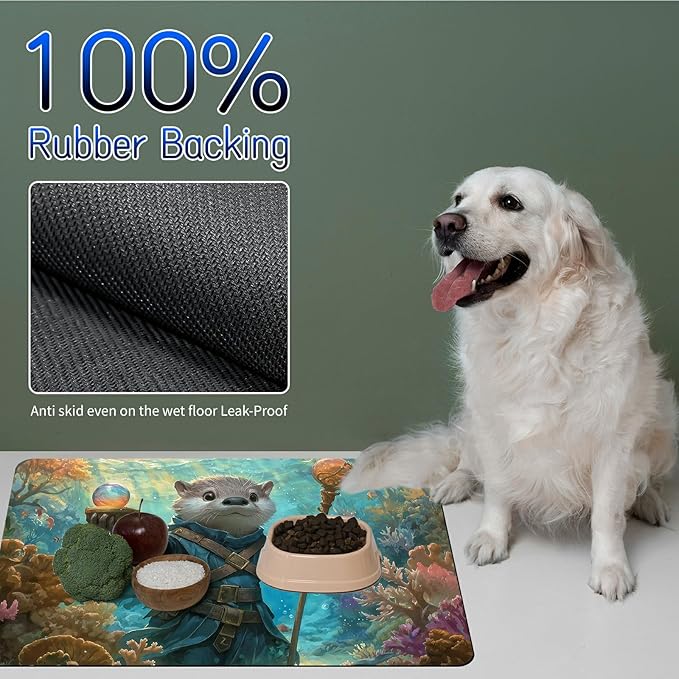 Dog Food Mat, 15.7" x 23.6" Absorbent Pet Feeding Mat for Food and Water, Waterproof Diatom Mud Pet Placemat with Non-Slip Rubber Backing, Easy Clean Cat Bowl Mat for Floors - Sea Sloth