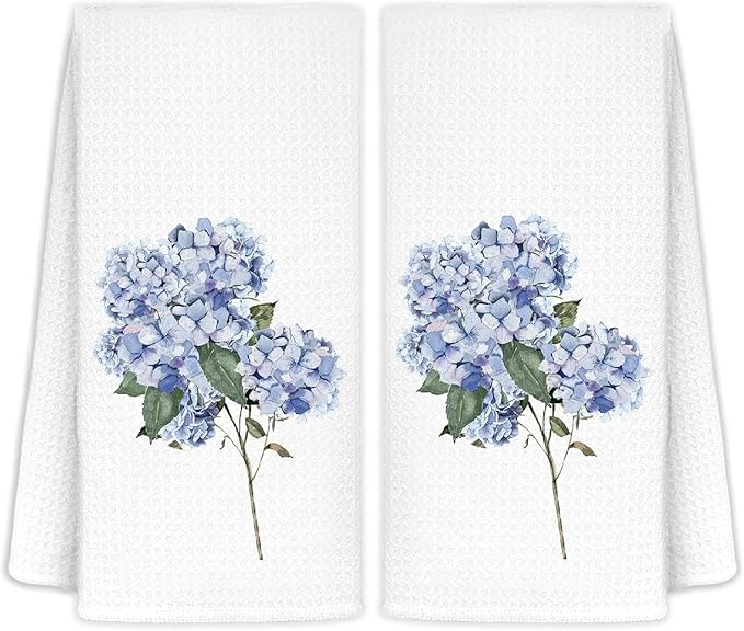 Light Blue Hydrangea Flowers Floral Kitchen Towels Set of 2 - Flowers Decorative Hand Towels for Bathroom, Light Blue Hydrangea Decor Dish Towels for Kitchen, Floral Hand Towels, 16x24
