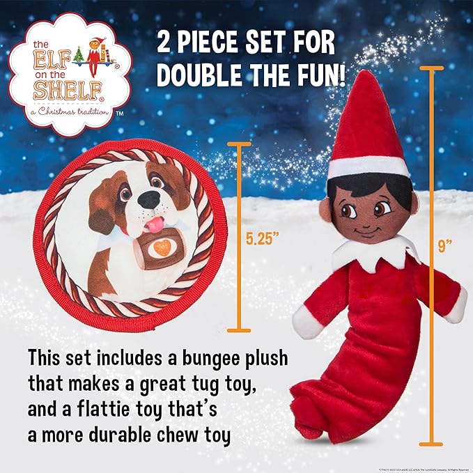 The Elf on the Shelf 2pc Dog Toy Set with Elastic Scout Elf + Elf Pets Saint Bernard Plush Flattie Disk, Squeaky Dog Toys | Bungee Dog Toys for Tug | Stocking Stuffers for Dogs