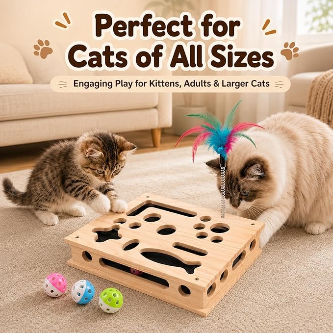Large Cat Nail File Box for Cats, Wooden Cat Scratch Puzzle Enrichment Box with Sandpaper Liner, Feather Wand & 3 Balls, Interactive Cat Toy for Indoor Cats