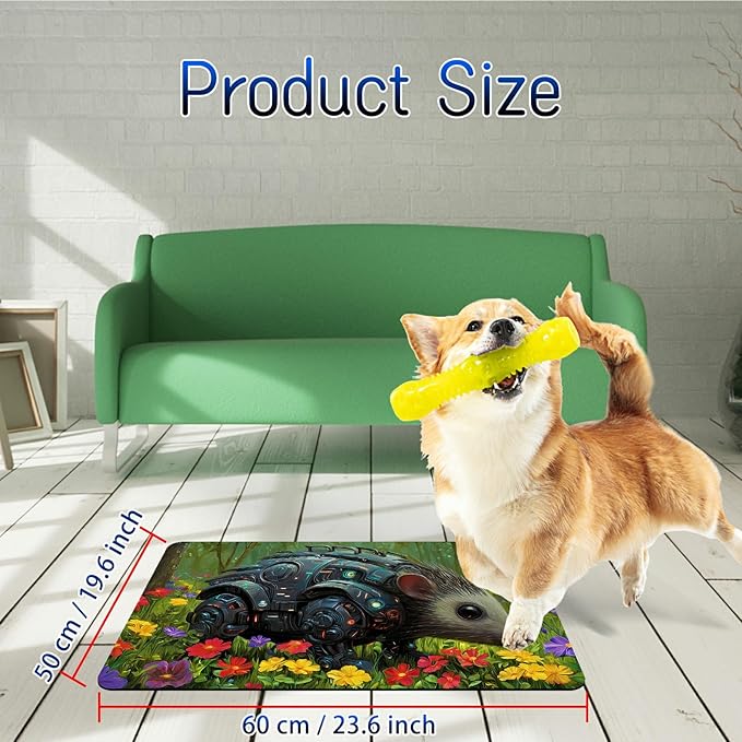 Dog Food Mat, 19.6" x 23.6" Absorbent Pet Feeding Mat for Food and Water, Waterproof Diatom Mud Pet Placemat with Non-Slip Rubber Backing, Cat Bowl Mat for Floors - Mouse Flower Forest