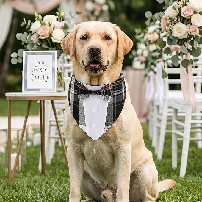 ADOGGYGO Black Dog Tuxedo Bandana, Plaid Bow Tie Collar, Adjustable Black Plaid Wedding Costume for Extra Large Dogs (XL)