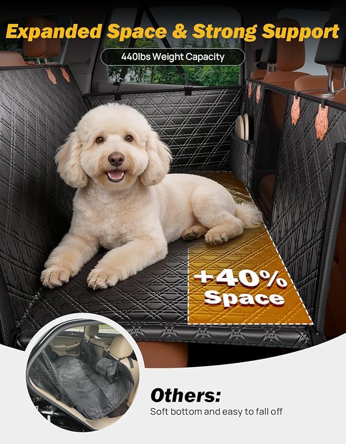 JOYTUTUS Back Seat Extender for Dogs, PU Leather Dog Car Seat Cover with Hard Bottom, Dog Hammock with Mesh Window, Dog Car Seat Cover for Full Size Truck&SUV, Holds 440 lbs