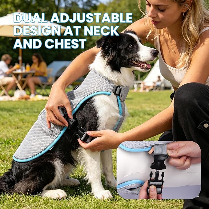 MORA PETS Lightweight Breathable Evaporative Dog Cooling Vest with One Ice Pack, Adjustable Chest-Style Dog Harness for Smal Medium Dogs 12-22LBs (Light Blue M)
