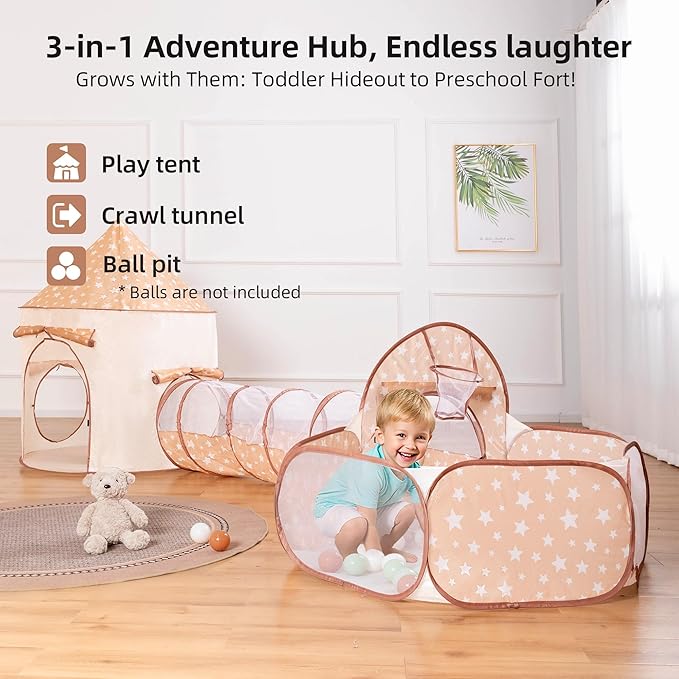 3-in-1 Kids Play Tent with Tunnel & Ball Pit for Toddlers, Indoor Outdoor Playhouse, Easy Pop Up, Portable Play Tents for Toddlers