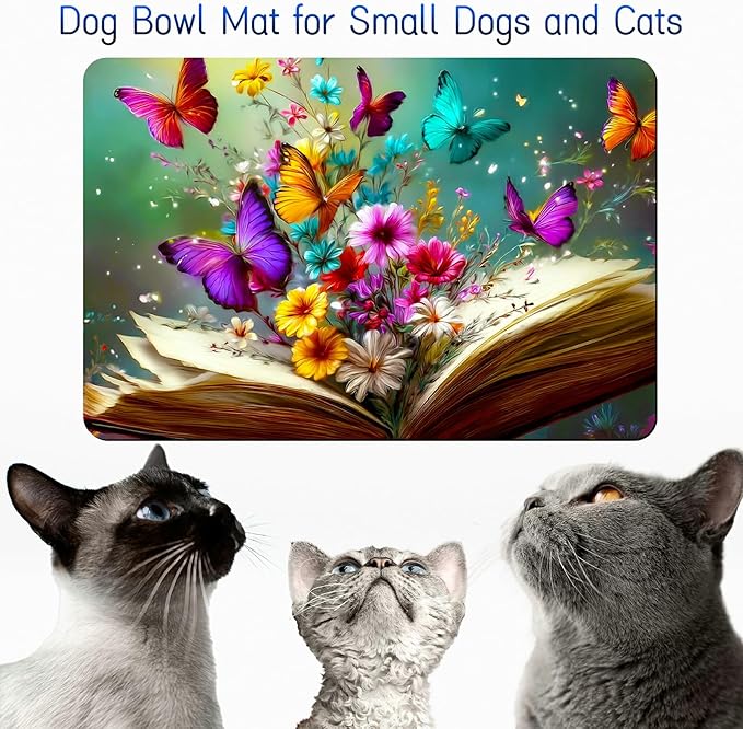Dog Food Mat, 15.7" x 23.6" Absorbent Pet Feeding Mat for Food and Water, Waterproof Diatom Mud Pet Placemat with Non-Slip Rubber Backing, Cat Bowl Mat for Floors - Books Flowers Butterflies