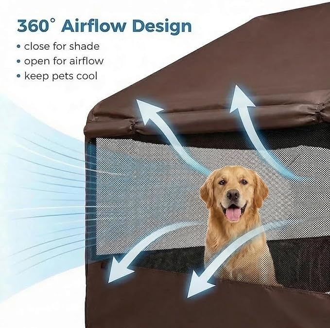 Dog Tent House Outdoor Shade 4'x4'x3' Shelter for Large Medium Pets,Outside Sun Rain Waterproof Canopy with Three-Sided Breathable Mesh Windows,Livestock House with Ground Nails,Brown