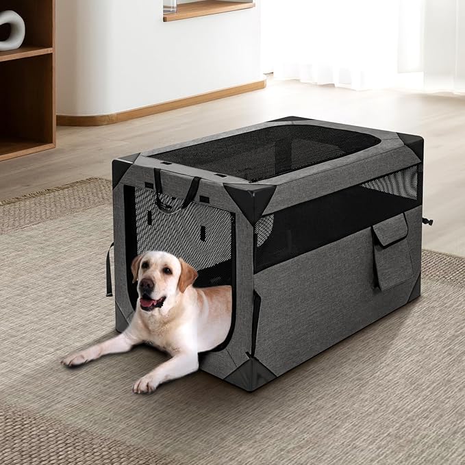 Zikopomi 30 Inch Portable Travel Dog Crate, 3 Door Collapsible Soft Pet Kennel with Durable Mesh Windows for Small and Medium Dogs, Foldable Dog Cage with Storage Pocket for Outdoor (Dark Grey)