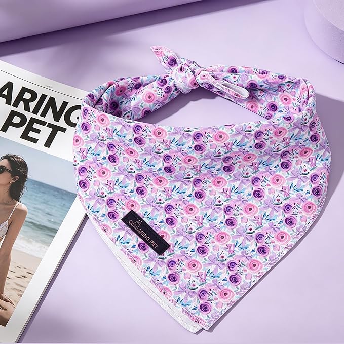 ARING PET Girl Dog Bandanas, Cute Summer Purple Rose Bow Floral Pet Bandana Scarf Triangle Bib for Small Medium Large Female Dogs Cats, Puppy Kerchief for Daily Wear Walks Party Photos-L