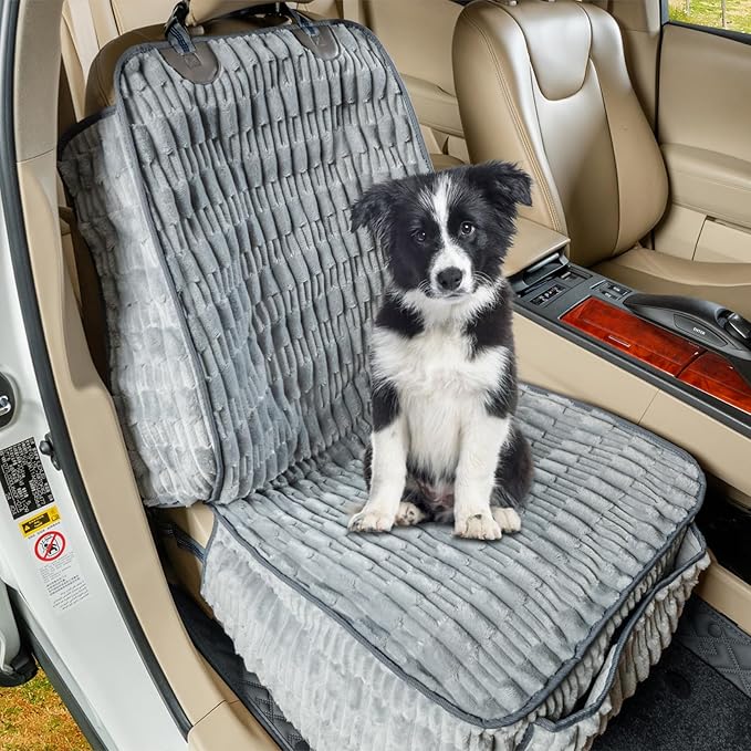Soft Front Seat Dog Cover, Waterproof Dog Car Seat Protector with Side Flaps, Non-Slip Fluffy Flannel with Full Protection for Pets on Captain Seat in Cars SUVs Trucks (Grey, Standard Front)