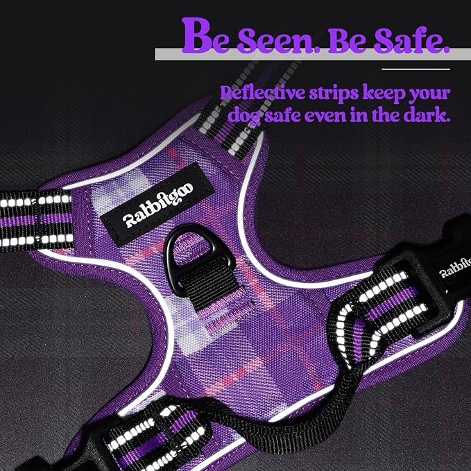 rabbitgoo Dog Harness No Pull with 2 Leash Clips, Adjustable Soft Padded, Reflective Oxford No Choke Pet Vest with Easy Control Handle for Medium Sized Dogs, Purple Plaid, M