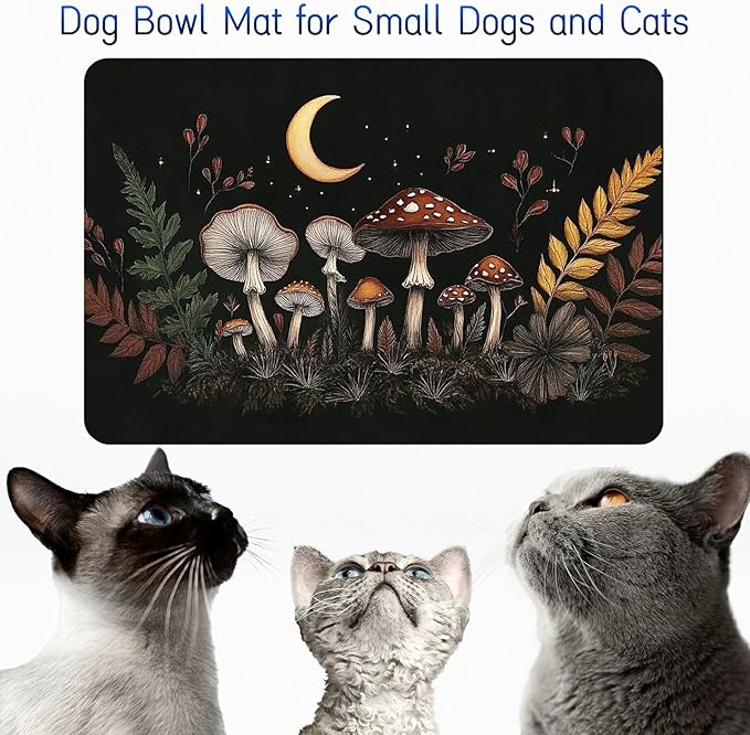 Dog Food Mat, 19.6" x 23.6" Absorbent Pet Feeding Mat for Food and Water, Waterproof Diatom Mud Pet Placemat with Non-Slip Rubber Backing, Easy Clean Cat Bowl Mat for Floors - Leaves Mushroom
