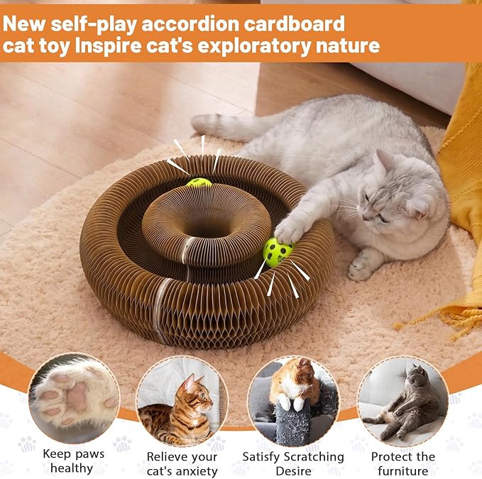 Kitty Kurls Cat Scratcher Toy, Magic Organ Cat Scratching Board Toy for Physical Exercise, Interactive Cardboard Cat Toy for Indoor Kittens/Cats Relieve Boredom, Gray/Brown, S