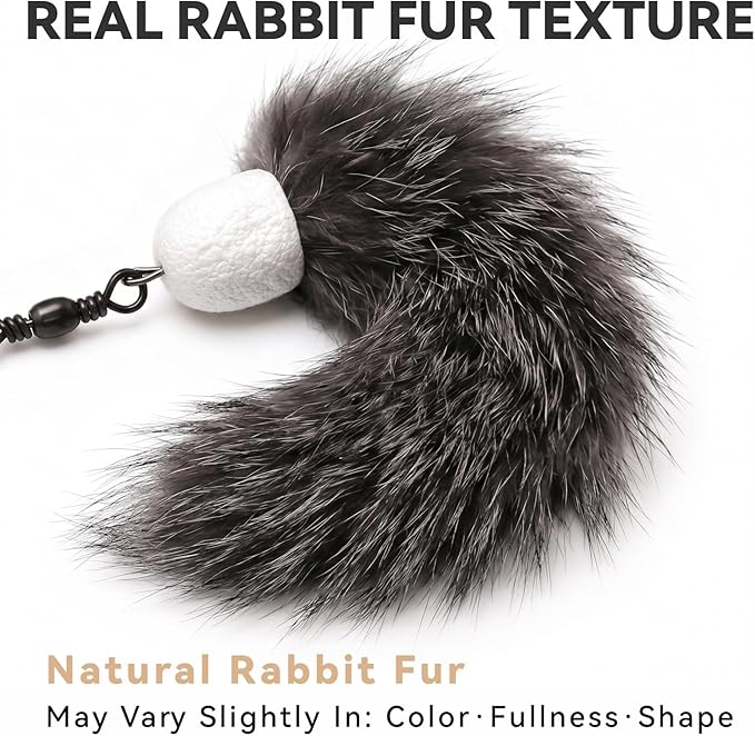 Natural Rabbit Fur Cat Toys Refills, 2 Pcs Silent Interactive Cat Wand Attachments for Indoor Cats, Handmade Fluffy Kitten Teaser Replacement Accessories (Grey)