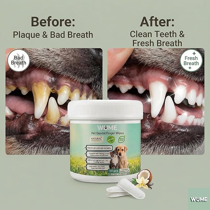 WUME Coconut Vanilla Fresh Pet Dental Finger Wipes for Dogs & Cats, Pet Breath Freshener & Toothbrush Alternative, Natural Coconut & Vanilla, 50 Count