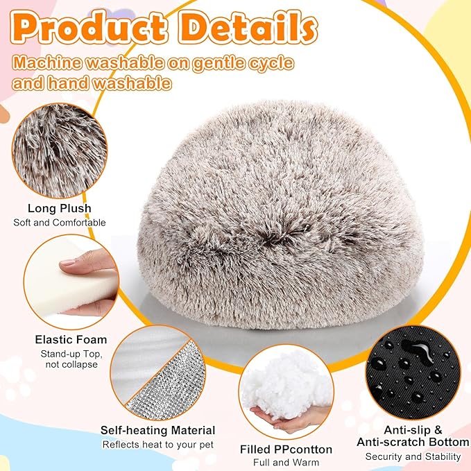 Cinnvoice 2 Pcs Self Warming Cat Beds with Hood, Self Heating Dog Cave Bed, Fluffy Round Covered Pet Pad, Plush Hooded Pet Beds with Non-Slip Bottom for Indoor Cat or Small Middle Dog(Coffee,20 in)