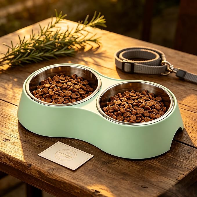 Double Pet Bowl Set for Small Dogs & Cats, Green Non-Slip Stainless Steel Food Water Bowls, BPA-Free Mess-Free Feeding Station for Kittens, Puppies and Tiny Pets