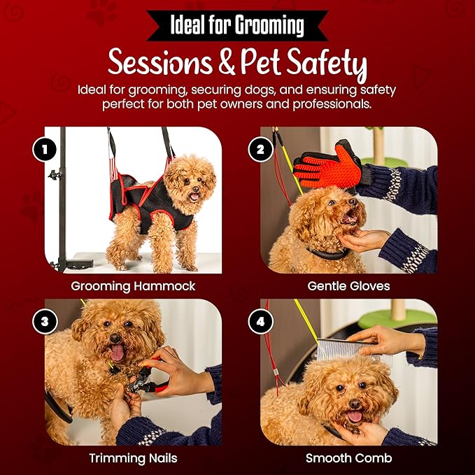 Dog Grooming Arm with Clamp & Pet Grooming Hammock | 4 Extra Bundles | Dog Grooming Stand with Grooming Gloves, Shears & Comb & Nail File | Grooming Table Arm with Adjustable No Sit Haunch Holders