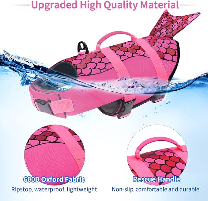 Malier Dog Life Jacket, Ripstop Dog Life Vest with High Buoyancy for Swimming Boating, High Visibility Mermaid Puupy Lifesaver for Small Medium Large Dogs (Medium)