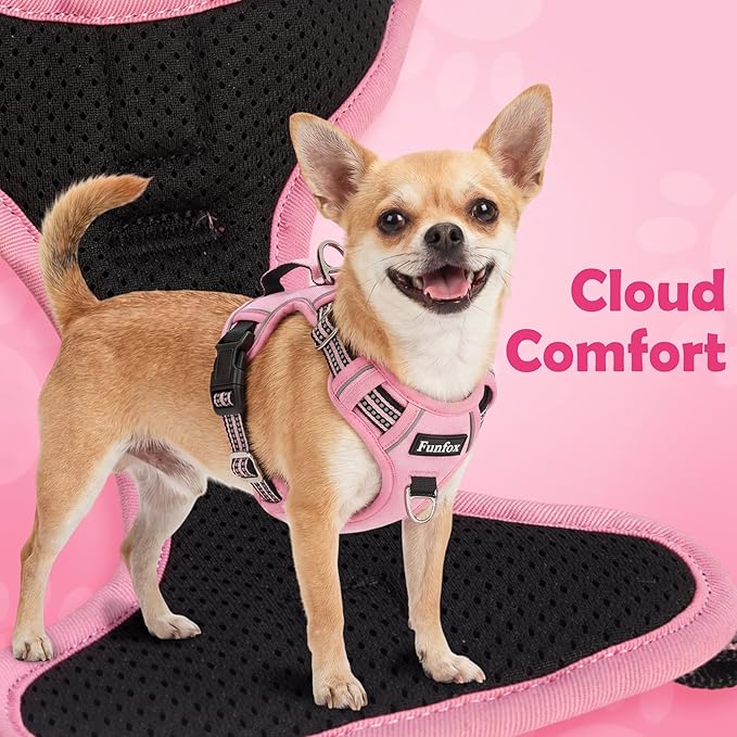 Funfox Dog Harness No Pull, Adjustable Pet Vest Harness, Super Soft Material with Vertical Handle Easy Control, Reflective Night Walking, 2 Leash Clips for XLarge Dogs, Pink, XL