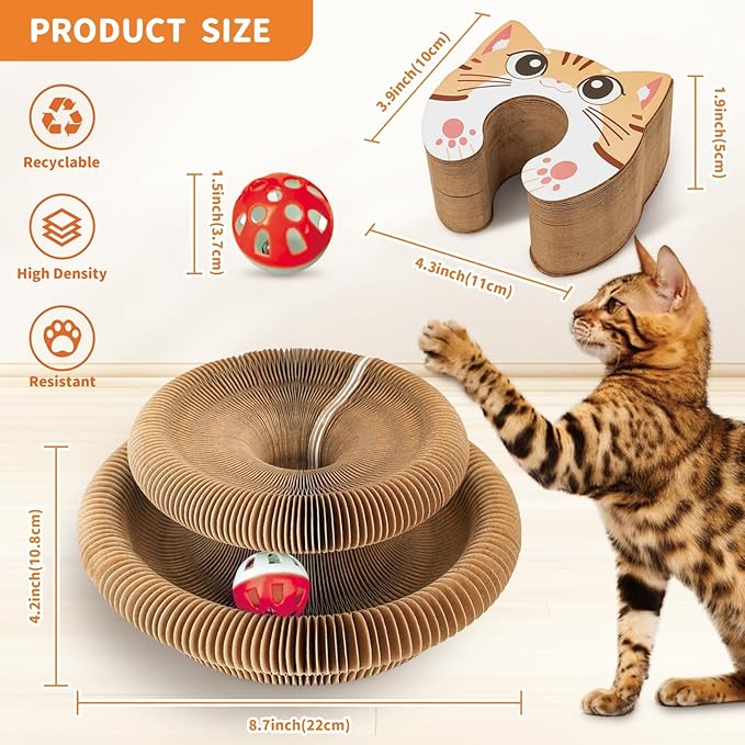 Magnetic & Reversible Cat Cardboard Scratcher, Cat Toys for Indoor Cats, Collapsible Ball Track with Bell, Interactive Cat Toys for Chasing and Scratching, for Both Adult & Kittens Cat