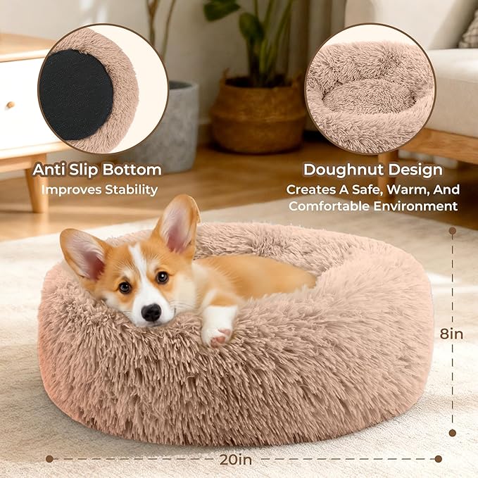 Calming Donut Dog and Cat Bed for Indoor Cats, Anti-Anxiety Round Fluffy Soft Washable Small Pet Bed for Puppy & Kitten, Warming Comfortable Luxury Anti-Slip Waterproof Mute Base 20in (Camel)