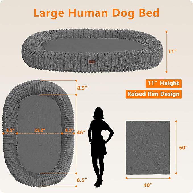 Human Dog Bed for Adult, Reversible Orthopedic Gel Memory Foam Cushion, Washable Corduroy Fleece, Plump Edge with Blanket, Storage Pocket, Strap, 65"x41.3"x9", Extra Large, Medium Grey