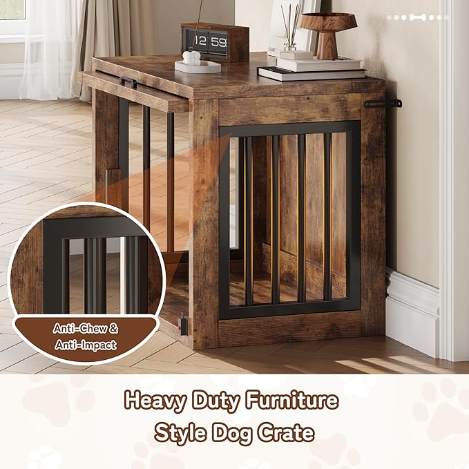 Jocoevol Dog Crate Furniture - 30'' Wooden Dog Kennel for Dogs up to 30 lb, Small Dog Crate with Hidden Sliding Door, Heavy Duty Dog Cage with Safety Latch and Quiet Pads, Rustic Brown