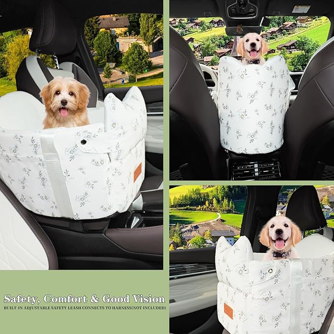 Center Console Dog Car Seat for Small Dogs – Portable Puppy Booster Armrest Carseat, Anti-Collapse Comfort Travel with Washable Fluffy Cushion & Pillow, Fits Dogs up to 15 lbs (Off White)