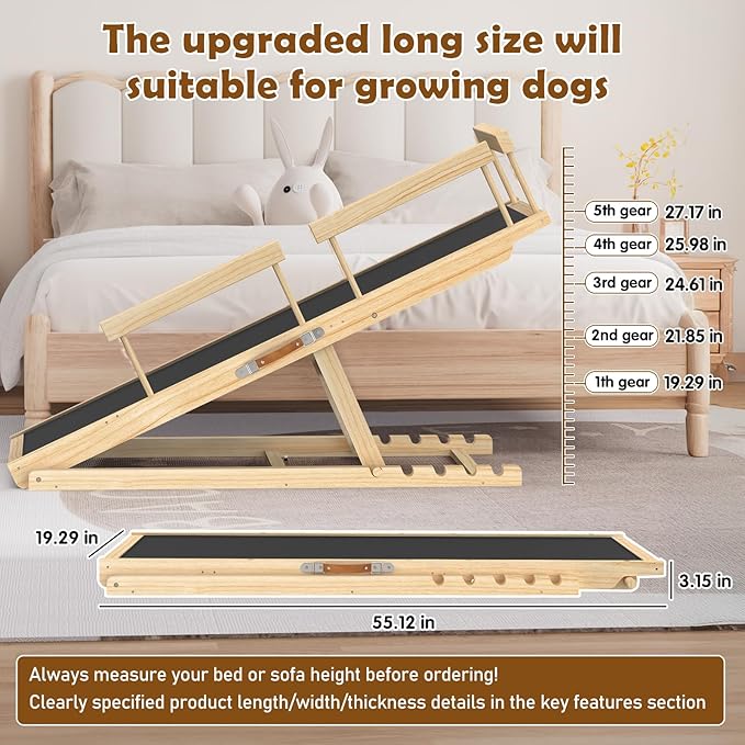 Dog Ramp for Bed and Couch - 55" Extra Long Wooden Pet Ramp with Non-Slip Silicone Surface & Side Rails, 6 Adjustable Heights (19.7"-27.6"), 250 lb Capacity, Safe Mobility for Senior Large Dogs