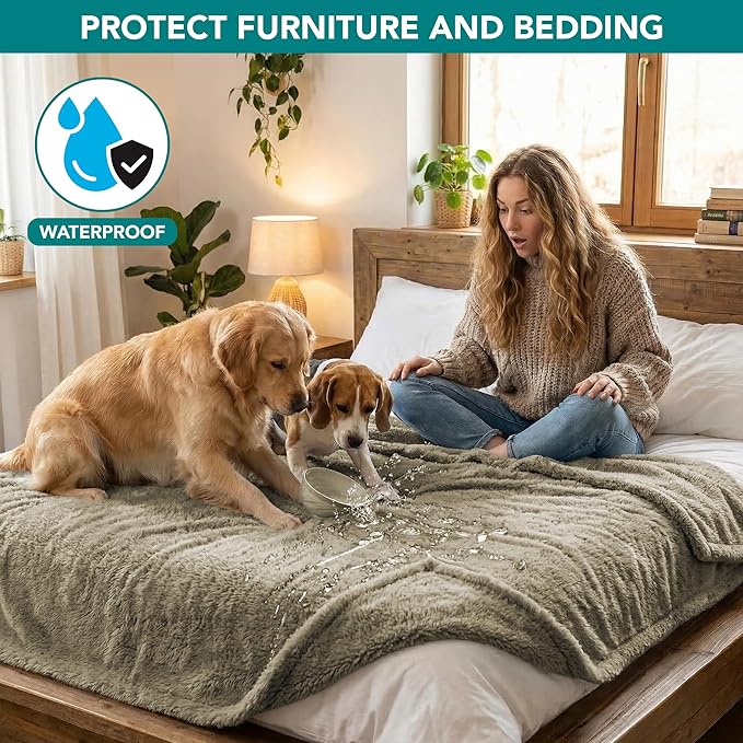 PetAmi Fluffy Waterproof Dog Blanket for Couch and Bed, Reversible Sherpa Pet Throw, Pee Proof Furniture Protector Sofa Cover, Washable Cat Blanket for Medium Large Dogs and Cats (Taupe Camel, 90x90)