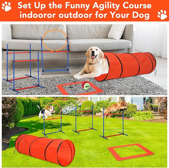 Hipicute Dog Agile Training Equipment Set Outdoor Indoor,70" Tunnel + Tire Jump + Hurdle Jump, Weave Poles, Pause Box, 2 Toy Balls, 1 Whistle, Carry Bag, Premium Dog Obstacle Course Kit