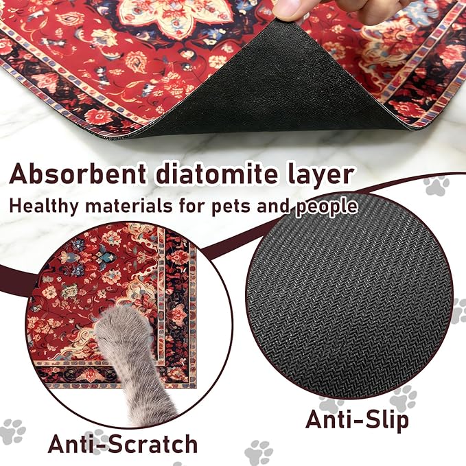 Pet Mats for Food and Water, Persia Red Dog Food Mat for Floors, Non Slip Indoor Quick Dry Cat Bowl Feeding Mats (15.7” X23.6”)