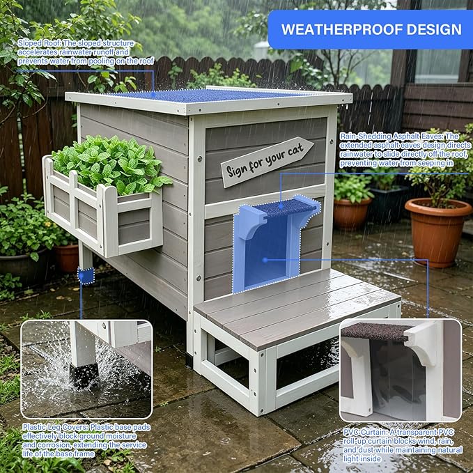 Rockever Outdoor Cat House, Large Outdoor Houses for Feral Cats with Self-Warming Mat Wooden Outside Cat Shelter Weatherproof with Escape Door