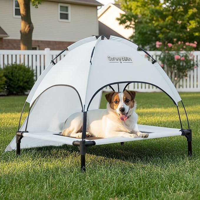 S/M/L Outdoor Elevated Dog Cot with Canopy & Side Shade for Camping Small Medium Dogs (Carry Bag), Portable Cooling Raised Dog Bed