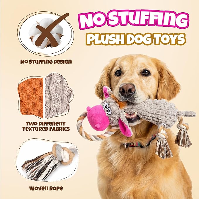 Squeaky Dog Toy Set - 2-Pack Crinkle No Stuffing Plush Dog Toys with Rope for Small to Large Dogs, Interactive Toys for Tug Play