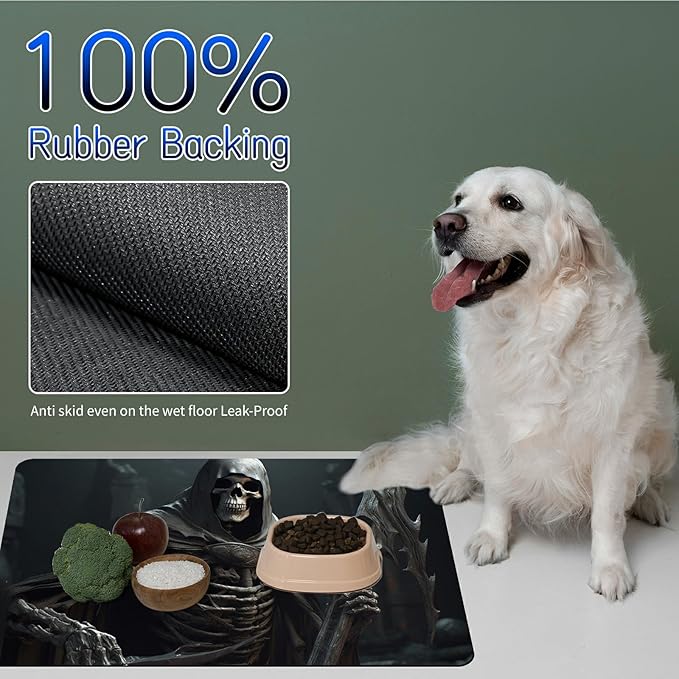 Dog Food Mat, 15.7" x 23.6" Absorbent Pet Feeding Mat for Food and Water, Waterproof Diatom Mud Pet Placemat with Non-Slip Rubber Backing, Easy Clean Cat Bowl Mat for Floors - Skull Gray