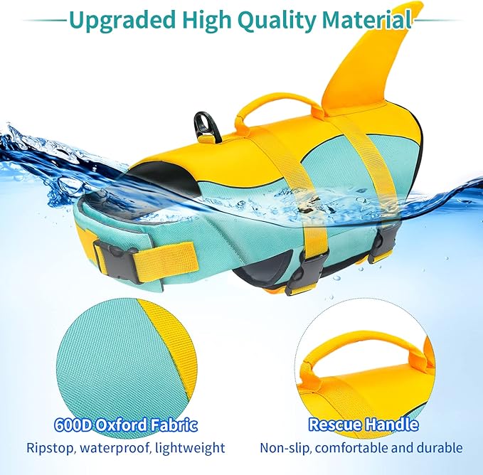 Malier Dog Life Jacket, Ripstop Dog Life Vest with High Buoyancy for Swimming Boating, High Visibility Shark Puupy Lifesaver for Small Medium Large Dogs (Small)