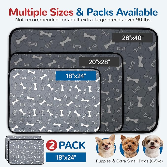 BAEJMJK Washable Dog Pee Pads 4-Layer Super Absorbent Puppy Training Pads Waterproof Non-Slip Leak-Proof Reusable Mats for Potty, Crate, Playpen & Travel(18"x24",Gray 2-Pack)