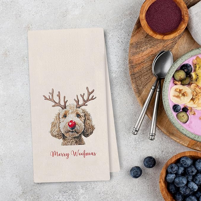 Poodle Teddy Towels Gifts - Christmas Navidad Poodle Teddy Kitchen Decor, Christmas Dog Gifts, Merry Woofmas Xmas Hand Towels Dish Towels for Kitchen Bathroom, 16x24 Inch
