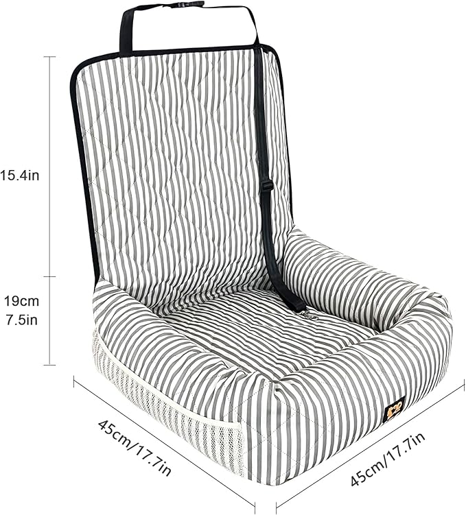Dog Car Seat for Small and Medium Dogs, Booster Seat Sofa Pet Bed, Portable Car Travel Carrier Bed (Grey Stripes,Standard Filling)