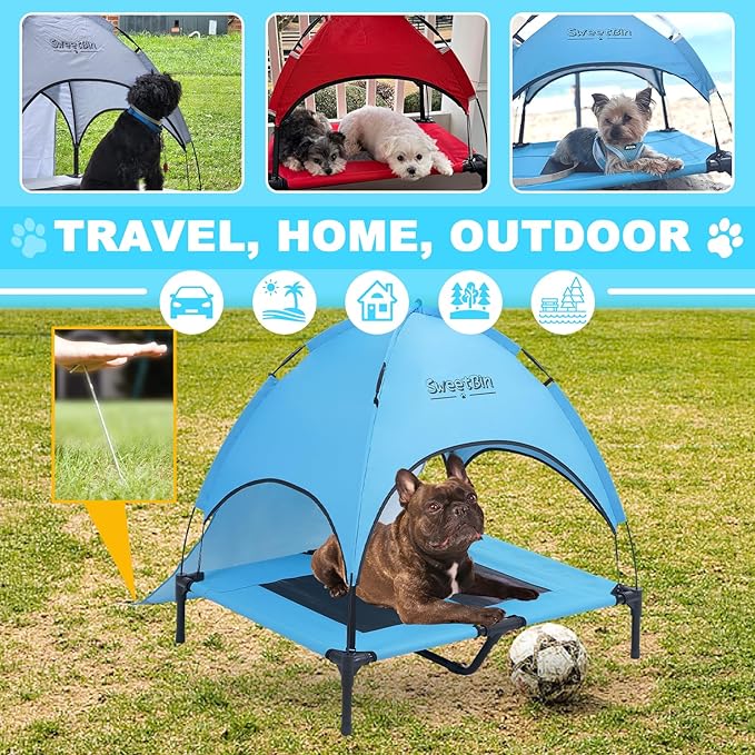 S/M/L Outdoor Elevated Dog Cot with Canopy & Side Shade for Camping Small Medium Dogs (Carry Bag), Portable Cooling Raised Dog Bed