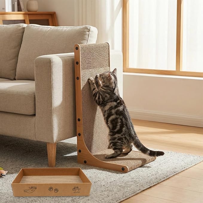 Goosheep 22in L-Shaped Cat Scratcher 2-in1 Scratching Board for Indoor Cats Protecting Furniture Cardboard Box Scratch Pad, Scratching Posts with Feathered Toy