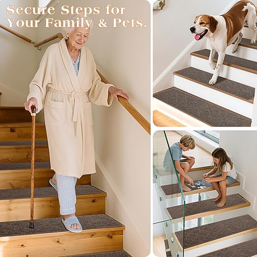 Stair Treads for Wooden Steps 4 PCS - 8’’ x 30’’, Non Slip Stair Runner, Machine Washable Stair Strips for Kids Pets and Elderly, Indoor, for Stairs (Brown)